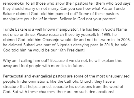 Reno Omokri calls out Pastor Tunde Bakare after he failed to secure a vote in APC presidential primary