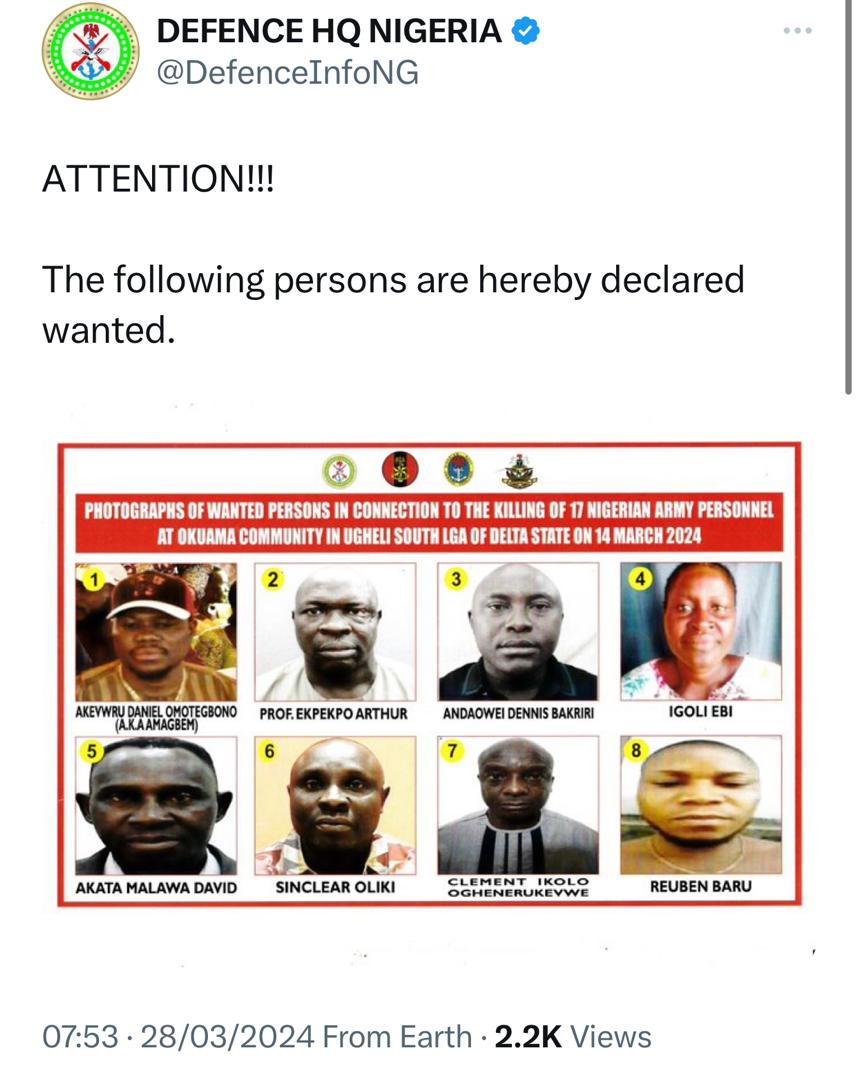 Army declares eight wanted in connection with the k!lling of its officers in Okuama